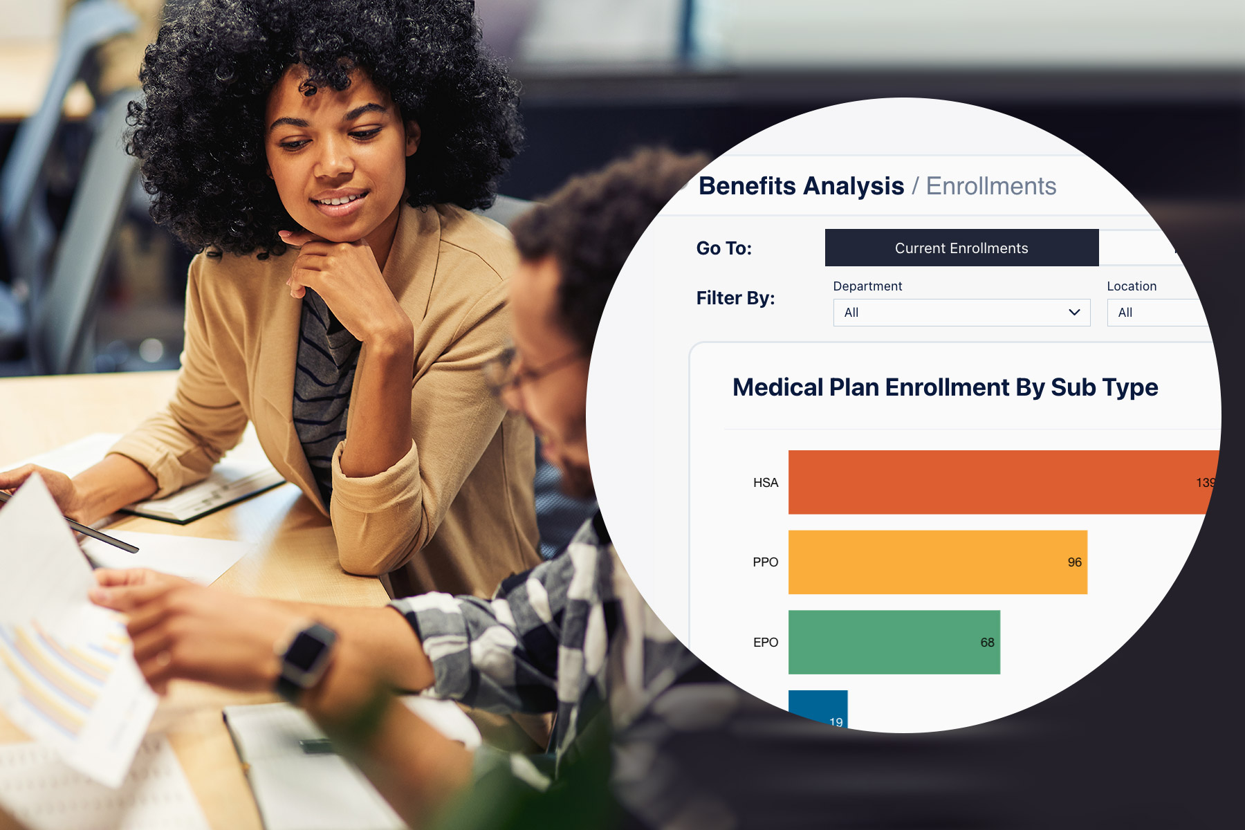 bnechmark-analysis Team of hr decision makers studying benchmark data