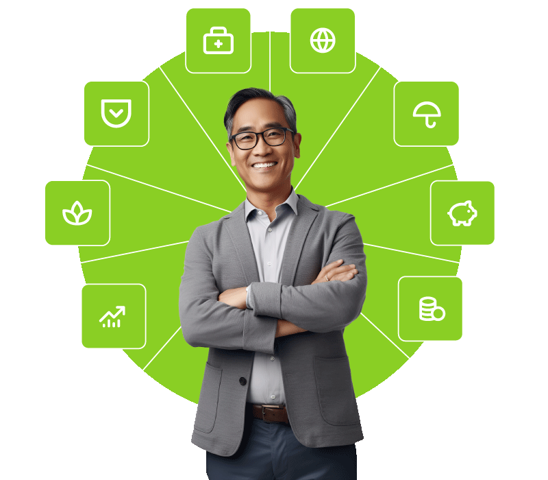 Unified-Benefits-Graphic Confident HR leader with unified set of services behind him