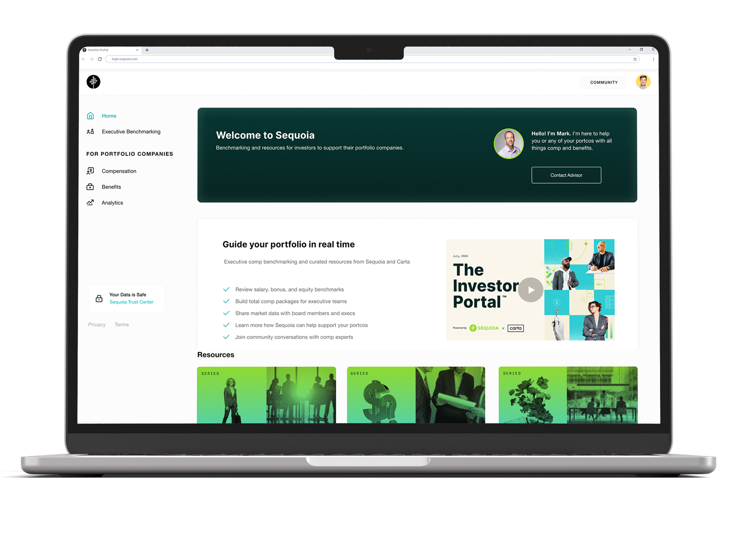 Image of a laptop with the investor portal homepage on screen