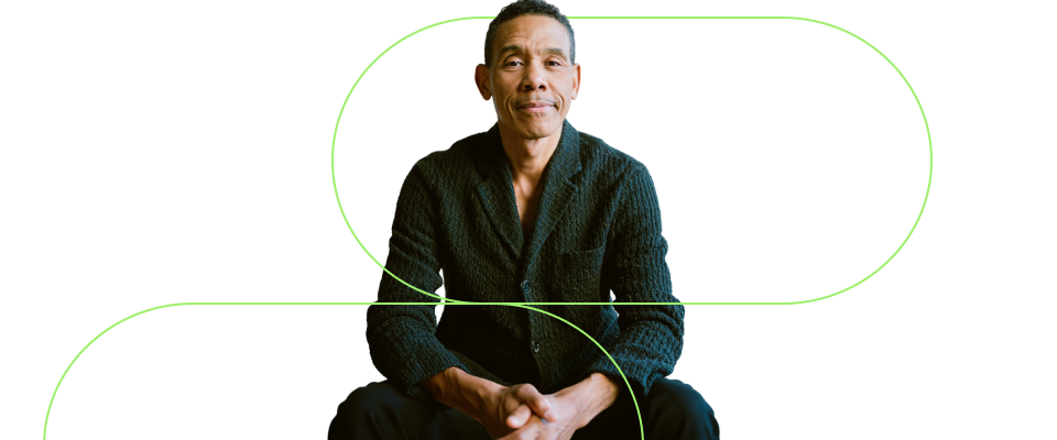 Image of a confident business person and patterned lines